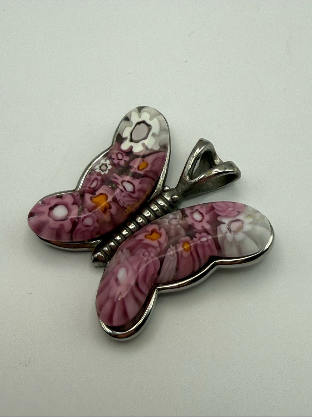 Karis Signed Butterfly Pendant Pink Floral Millefiori Glass Silver Tone Jewelry - Picture 5 of 7